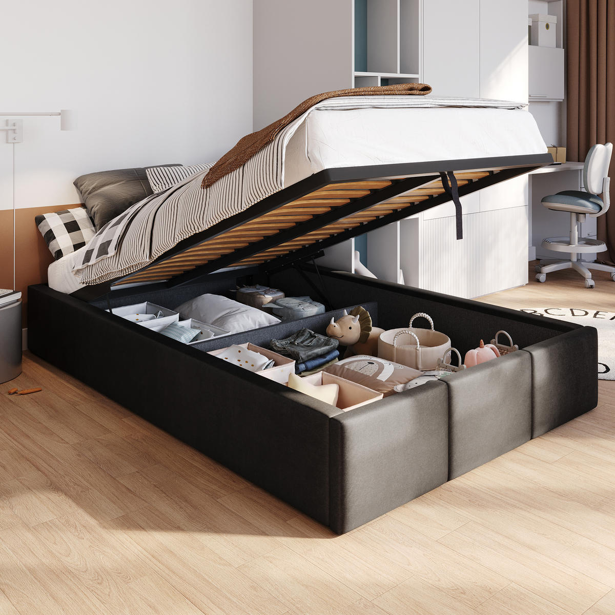 POLSTERBETT für Schlafzimmer Bett mit Stauraum Schwarz 120x200cm - Schwarz, Holzwerkstoff/Textil (120/200cm) - Muralo