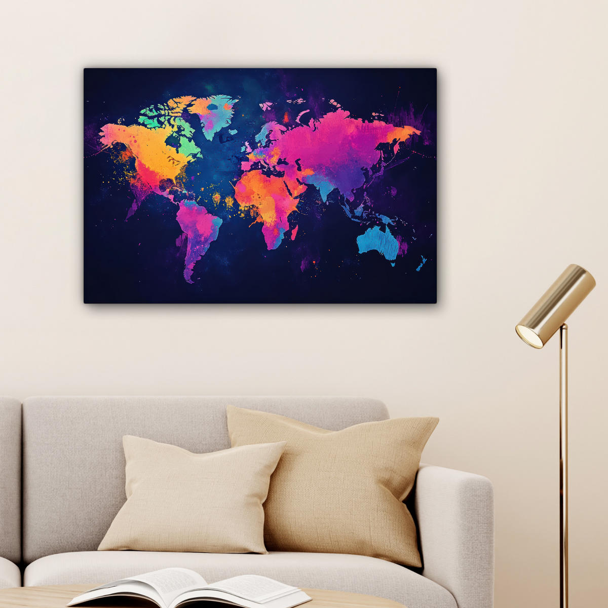 LEINWANDBILD Weltkarte - Bunt - Graffiti Wanddeko 90x60 cm - Multicolor, Textil (90/60cm) - MuchoWow