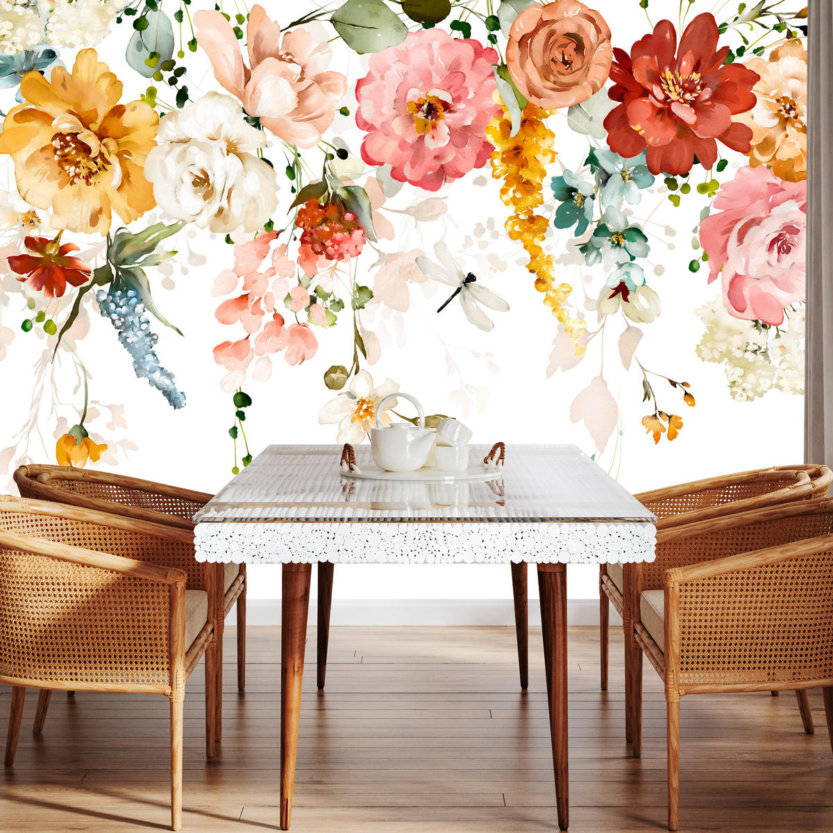 FOTOTAPETE für Schlafzimmer Aquarell Bunte Blumen Ranken Blätter 400x280 - Gelb/Rot, Papier (400/280cm) - Muralo