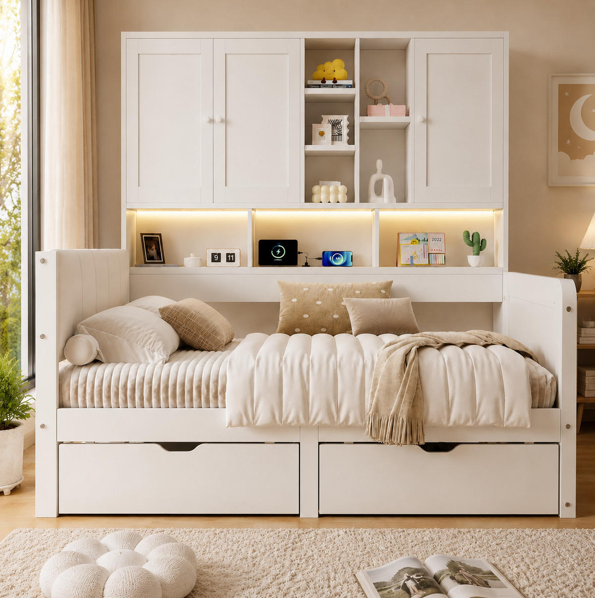 KINDERBETT aus MDF 90x200 cm Weiß mit LED-Beleuchtung, USB-C, Stauraum und PU-Kopfteil - Weiß, Holzwerkstoff (90/200cm) - Modfu