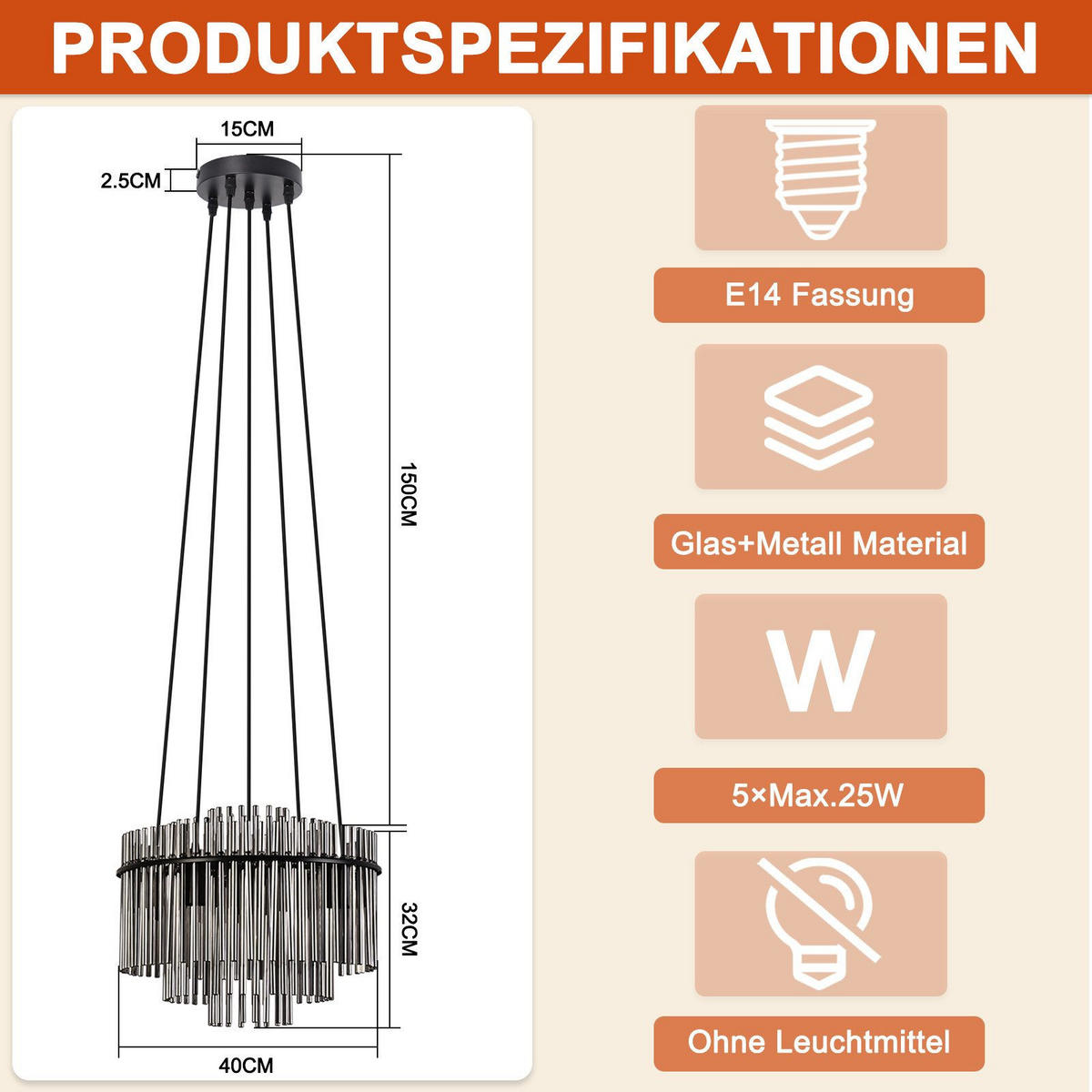 PENDELLEUCHTE BERLEBURG Ⅲ 15/40/150 cm - Schwarz, Metall (15/40/150cm) - Nettlife