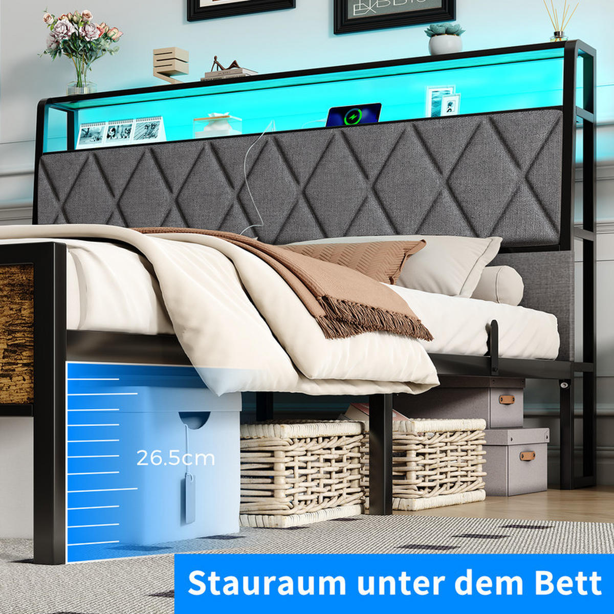 BETT 140 x 190 cm mit Metall Lattenrost,Bettgestell,Stauraum unter dem Bett,Doppelbett mit LED-Beleuchtung,mit 2 AC-Steckdosen und USB,Schwarz - Schwarz, Metall