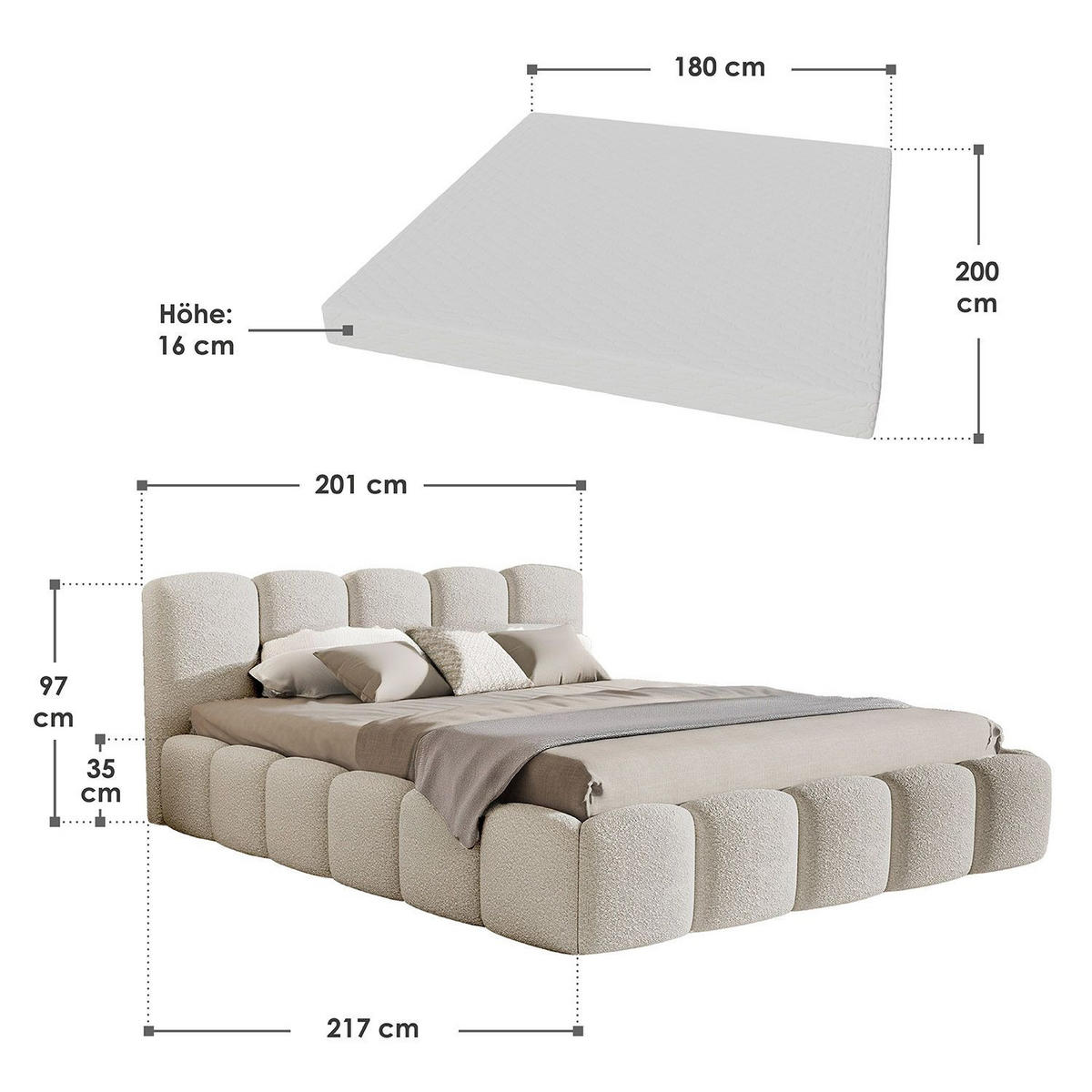 POLSTERBETT Catania 180/200 cm Beige Bouclé inkl Matratze - Beige, Textil (180/200cm) - Juskys