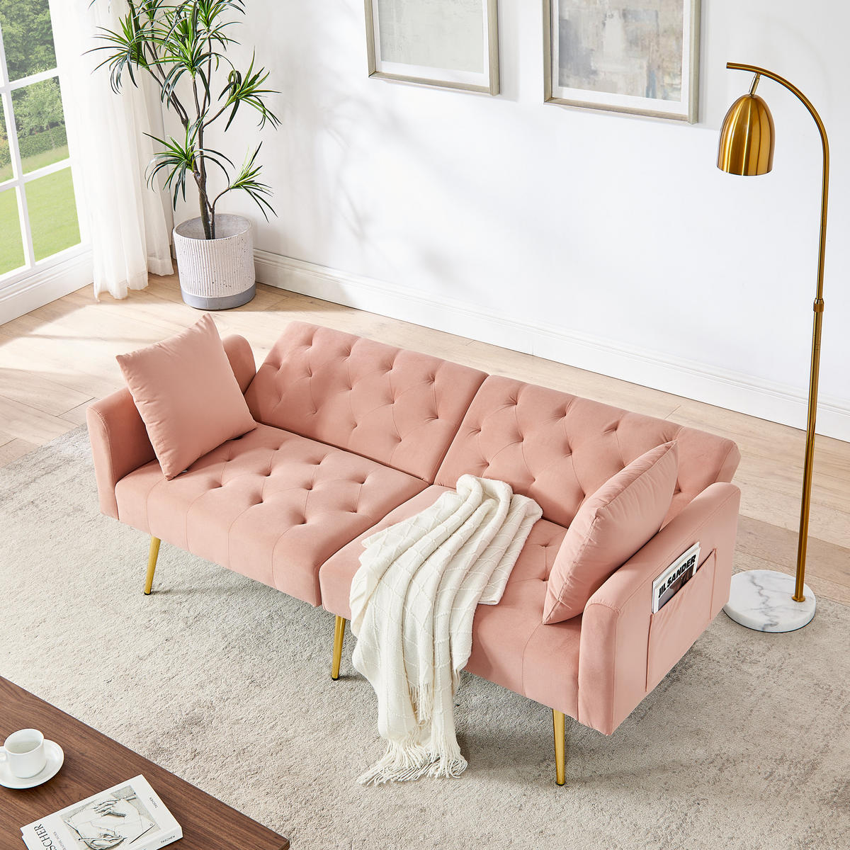SCHLAFSOFA 177/78/74 cm in Pink Samt mit Aufbewahrungstasche - Rosa, Textil (78/74/177cm) - Oxeza