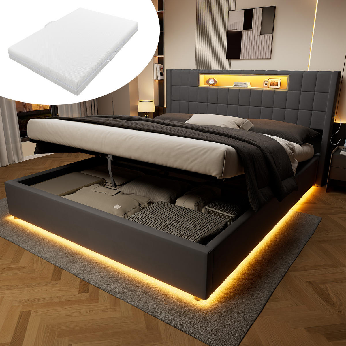 POLSTERBETT 180×200 mit Matratze, Hydraulische Bettkasten und LED Beleuchtung in Grau, Samtbezug - Grau, Holzwerkstoff/Textil (180/200cm) - STILVORA