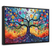 LEINWAND Bilder mit Rahmen - Kunst - Baum des Lebens - Blumen - Hippie - 30x20 - Dunkelblau, Textil (30/20cm) - MuchoWow