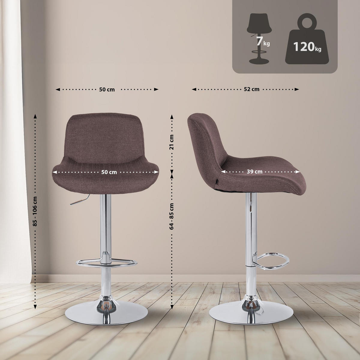 BARHOCKER 2er Set Salomon Chrom Stoff dunkelbraun - Chromfarben/Braun, Textil/Metall (50/106/52cm) - TPFLiving