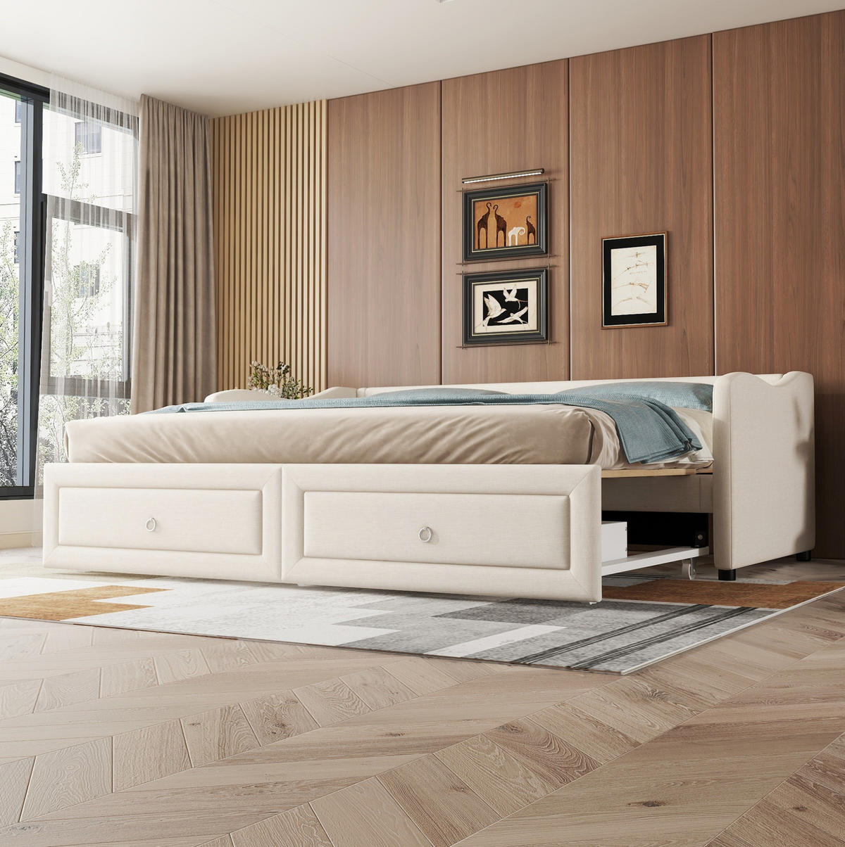 TAGESBETT 90/200 cm in Beige mit Ausziehbett und 2 Schubladen - Beige, Textil (90/200cm) - BEAOK
