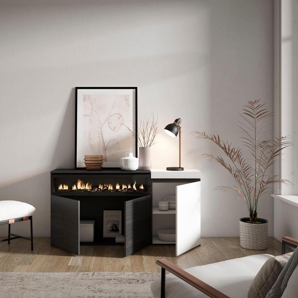 SIDEBOARD Elektrokamin, weiß und schwarz, 150/35/75cm - Multicolor, Holzwerkstoff (150/75/35cm) - Skraut Home