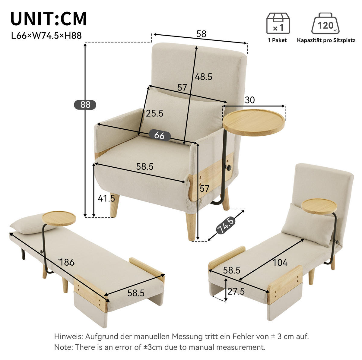 SESSEL 88/74,5/66 cm mit Schlaffunktion und Holztablett in Beige - Beige, Textil (88/74.5/66cm) - BEAOK