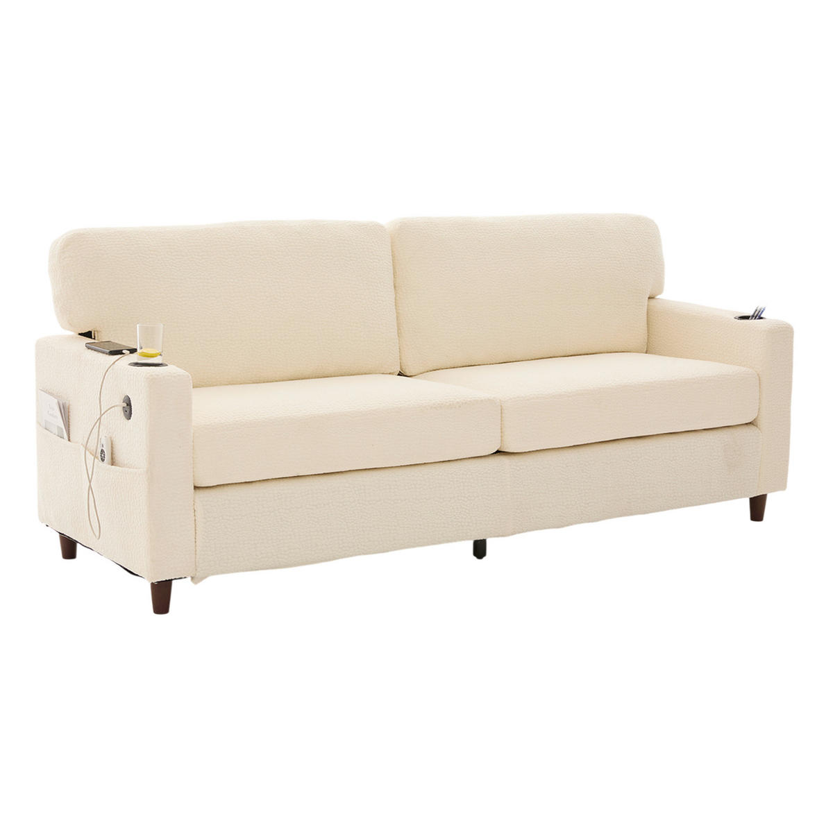 2-SITZER-SOFA aus Chenille 203x77,5x86 cm Beige mit USB-C, LED-Beleuchtung, Getränkehaltern und Seitentaschen - Beige, Textil (77.5/86/203cm) - Modfu