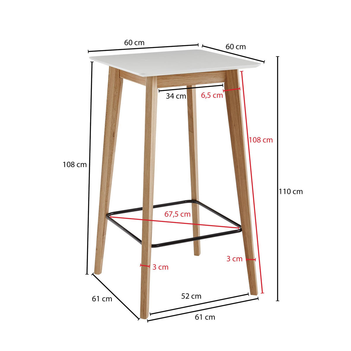 BARTISCH – Skandinavisch, Eichenbeine, quadratisch, 50 kg Belastbarkeit - Weiß/Braun, Eichenholz/Holz (60/110/60cm) - KADIMA DESIGN