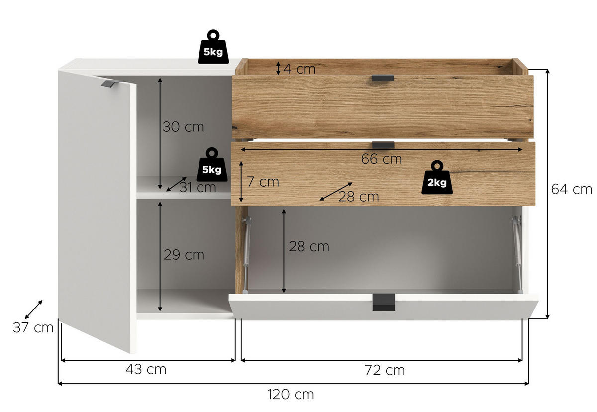 HÄNGEKOMMODE Nora (B/H/T: ca. 120/64/37 cm) in Weiß/weiß - Weiß, Holzwerkstoff (120/64/37cm)
