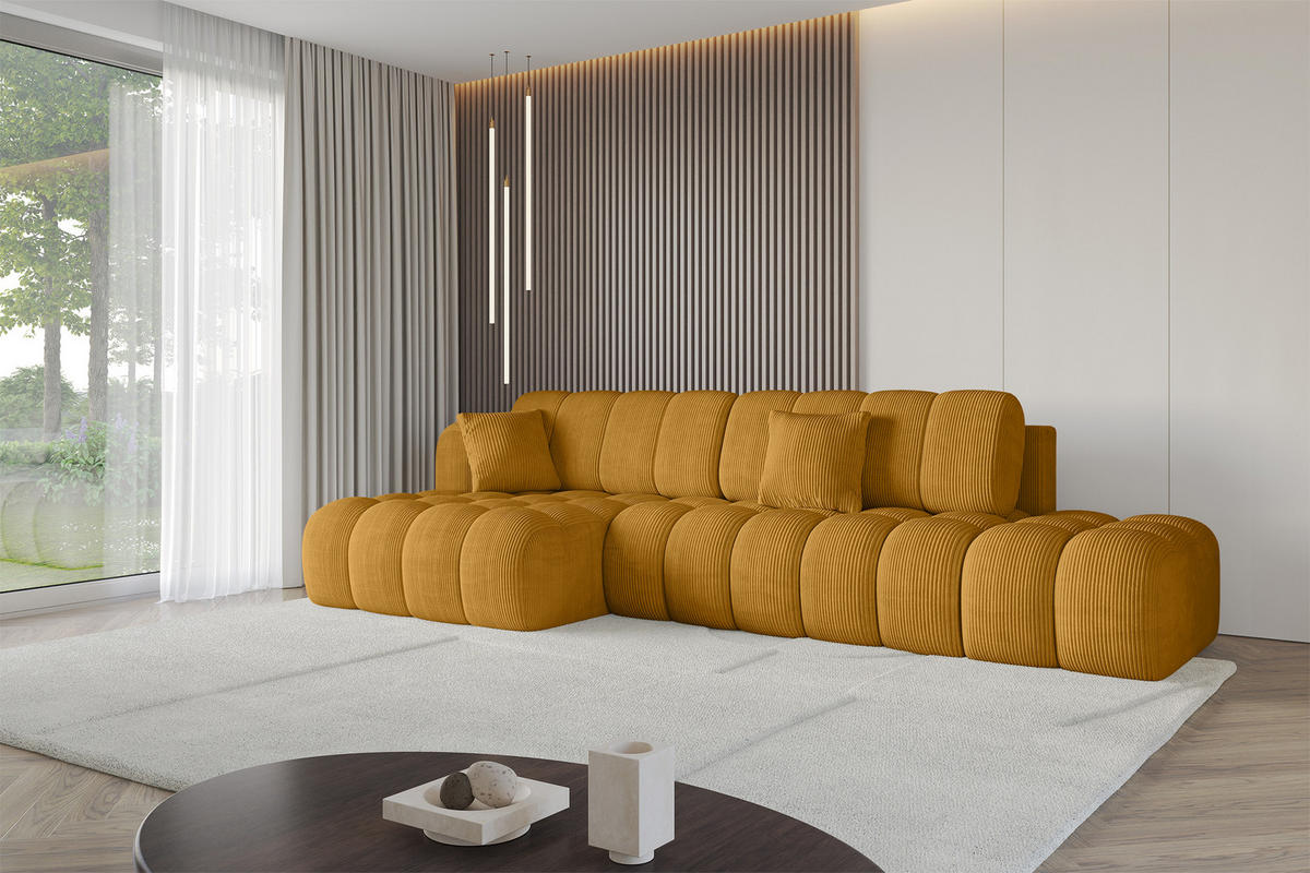ECKSOFA mit Schlaffunktion Ottomane Links OLEA-L2 321x164x75 Senfgelb Cord - Schwarz/Honig, Holzwerkstoff/Kunststoff (321/164cm) - ALTDECOR
