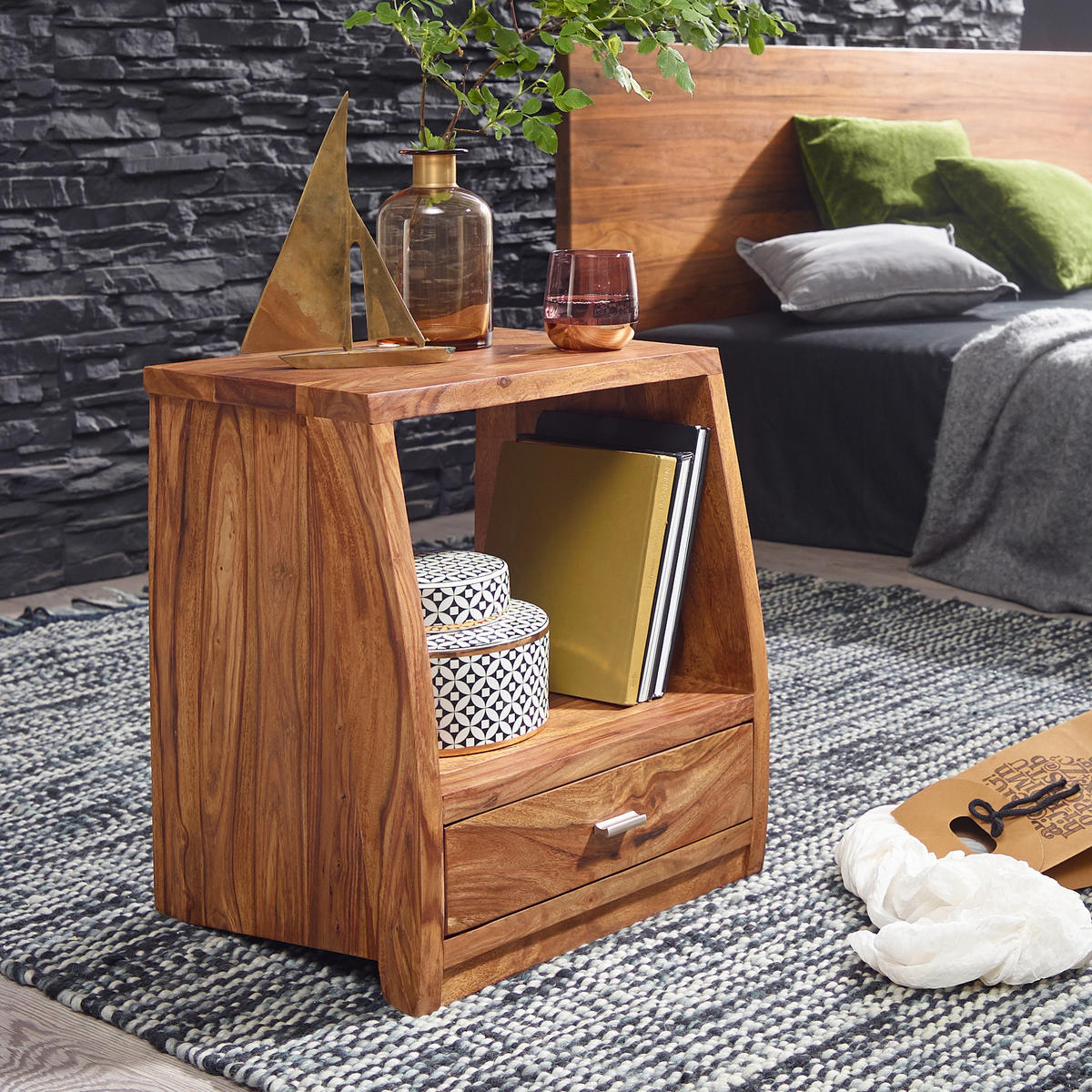 NACHTTISCH – Massivholz, Schublade & Ablage, Landhausstil - Braun, Holz/Metall (45/53/40cm) - KADIMA DESIGN