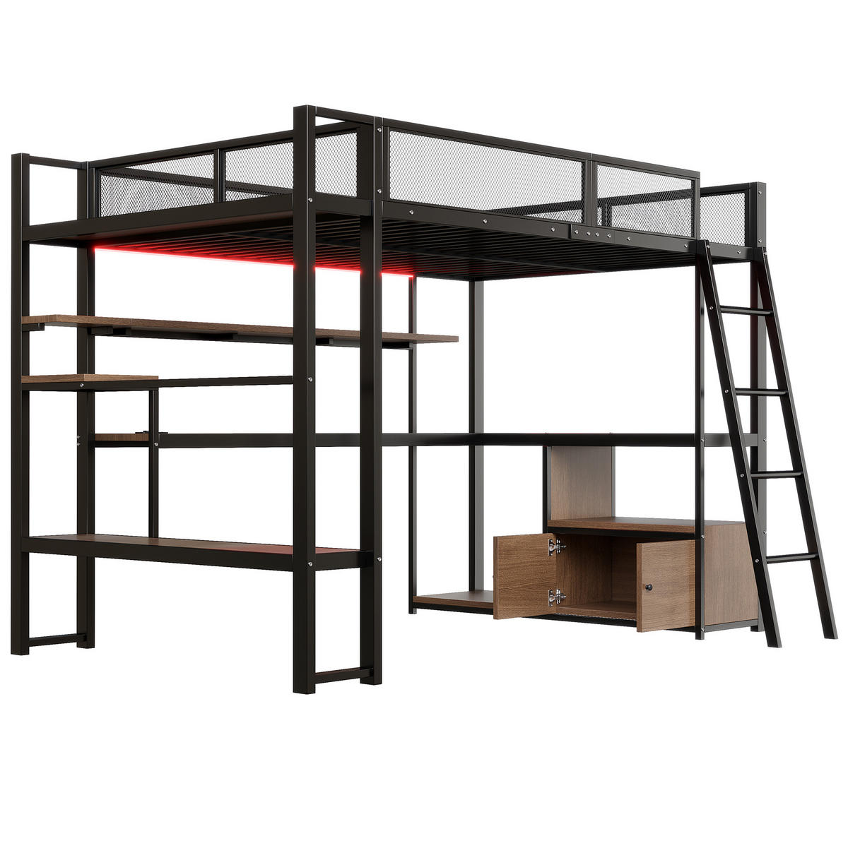 HOCHBETT aus Metall und MDF 140x200 cm Schwarz mit Schreibtisch, LED-Beleuchtung und Stauraum - Schwarz, Holzwerkstoff (140/200cm) - IVMEU