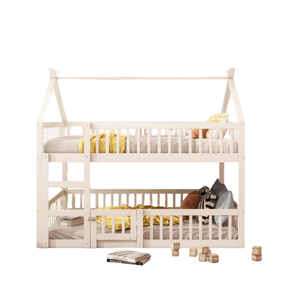 ETAGENBETT 140/200 cm Weiß mit Treppe und Hochsicherheitszaun - Weiß, Holz (140/200cm) - OKWISH