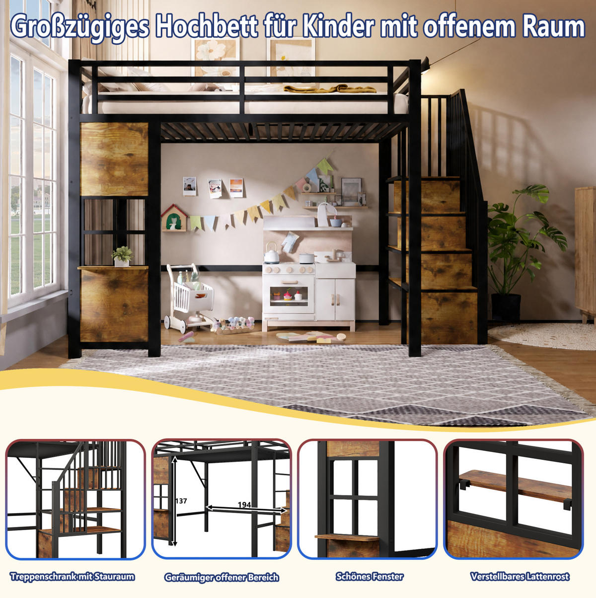 HOCHBETT 90x200 cm in Schwarz mit Stauraumtreppe und offenem Spielbereich - Schwarz, Holzwerkstoff (90/200cm) - IVMEU
