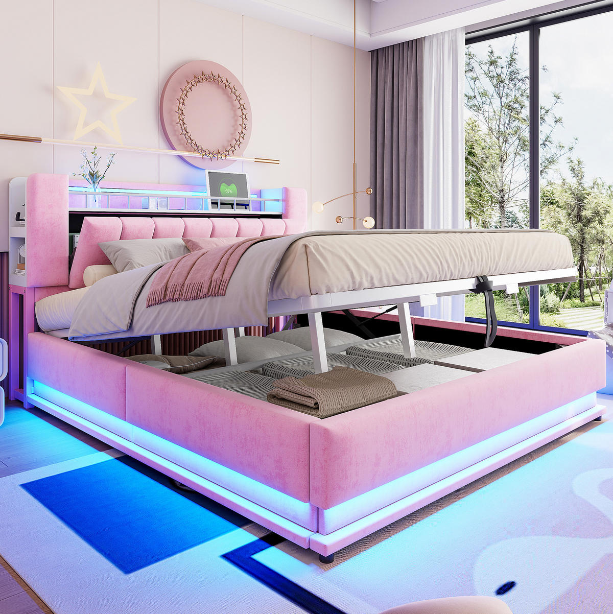 POLSTERBETT 180/200 cm mit LED-Beleuchtung, USB-Anschlüssen und hydraulischem Stauraum, Samt, Rosa - Rosa, Textil (180/200cm) - Redom