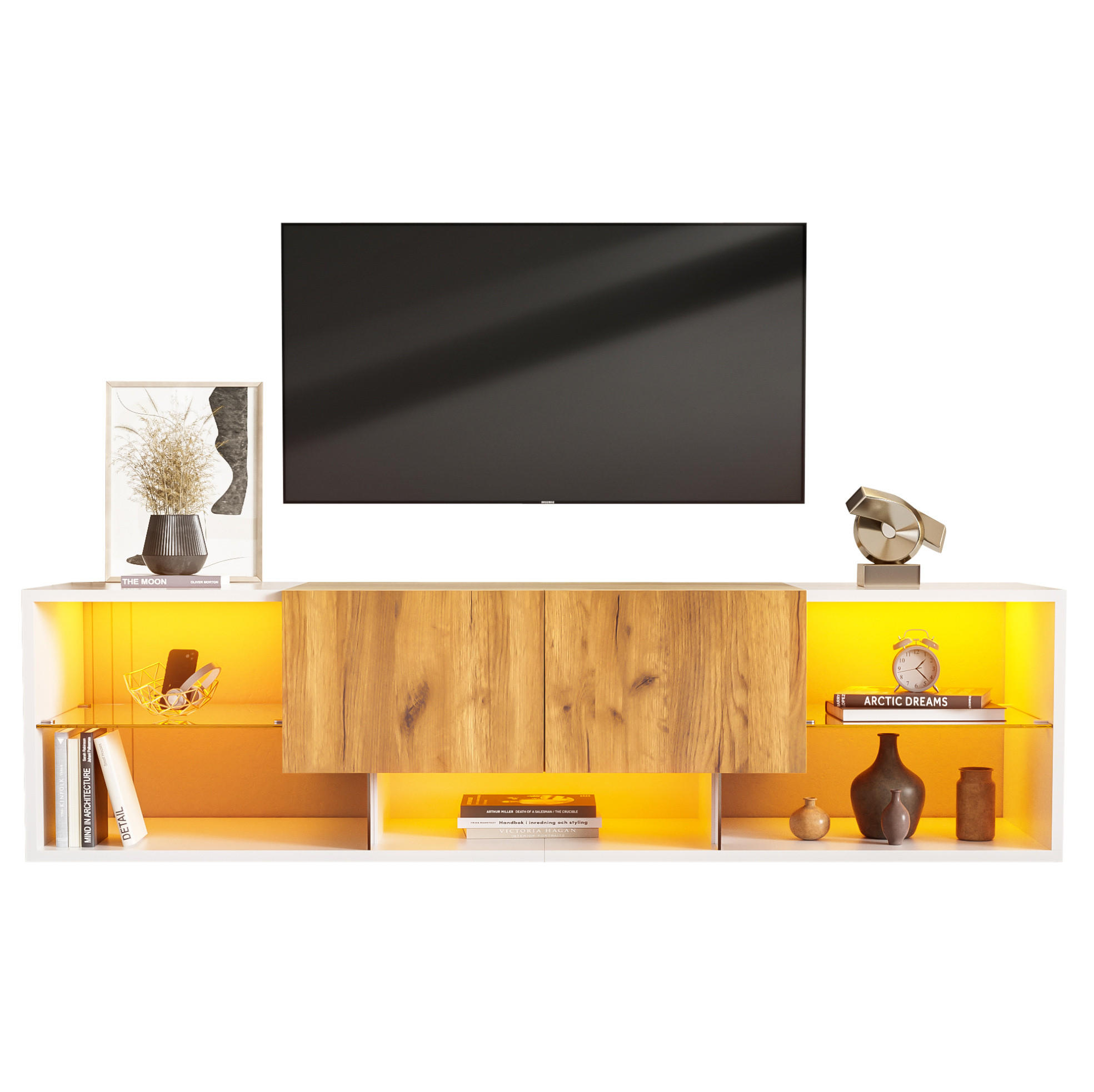 LOWBOARD 160/40/42 cm in Weiß und Eichefarben mit LED-Beleuchtung und 2 Schubladen - Hellbraun, Holzwerkstoff (160/42/40cm) - Flora Grace