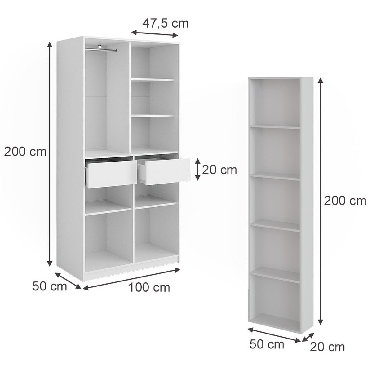 ŠATNÍKOVÁ SKRIŇA Elmo biely 50 x 200 cm Sada 2 ks - biela, kompozitné drevo (150/200/20cm) - Vicco
