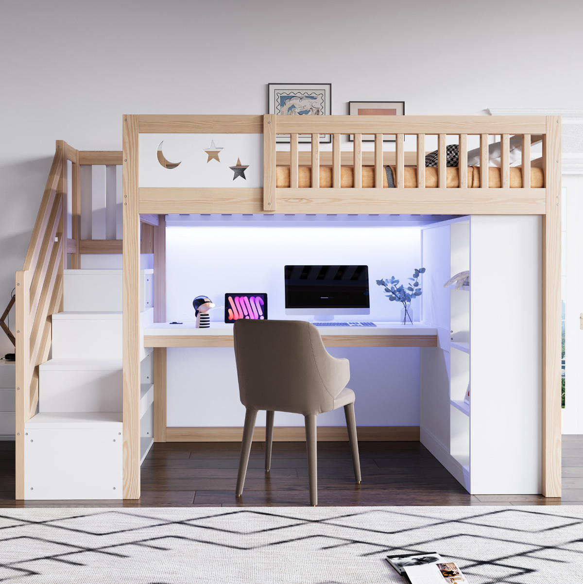 HOCHBETT aus Kiefernholz 90x200 cm Weiß/Holzfarbe mit Schreibtisch, LED-Beleuchtung, Steckdosen und Stauraum - Weiß, Holz (90/200cm) - Modfu