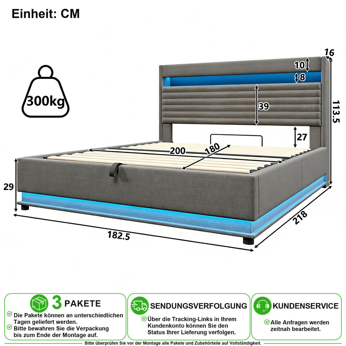 POLSTERBETT 180/200 cm in Grau mit Bettkasten, LED und USB Typ-C aus Leinen - Grau, Holzwerkstoff/Textil (180/200cm) - CHICFURN