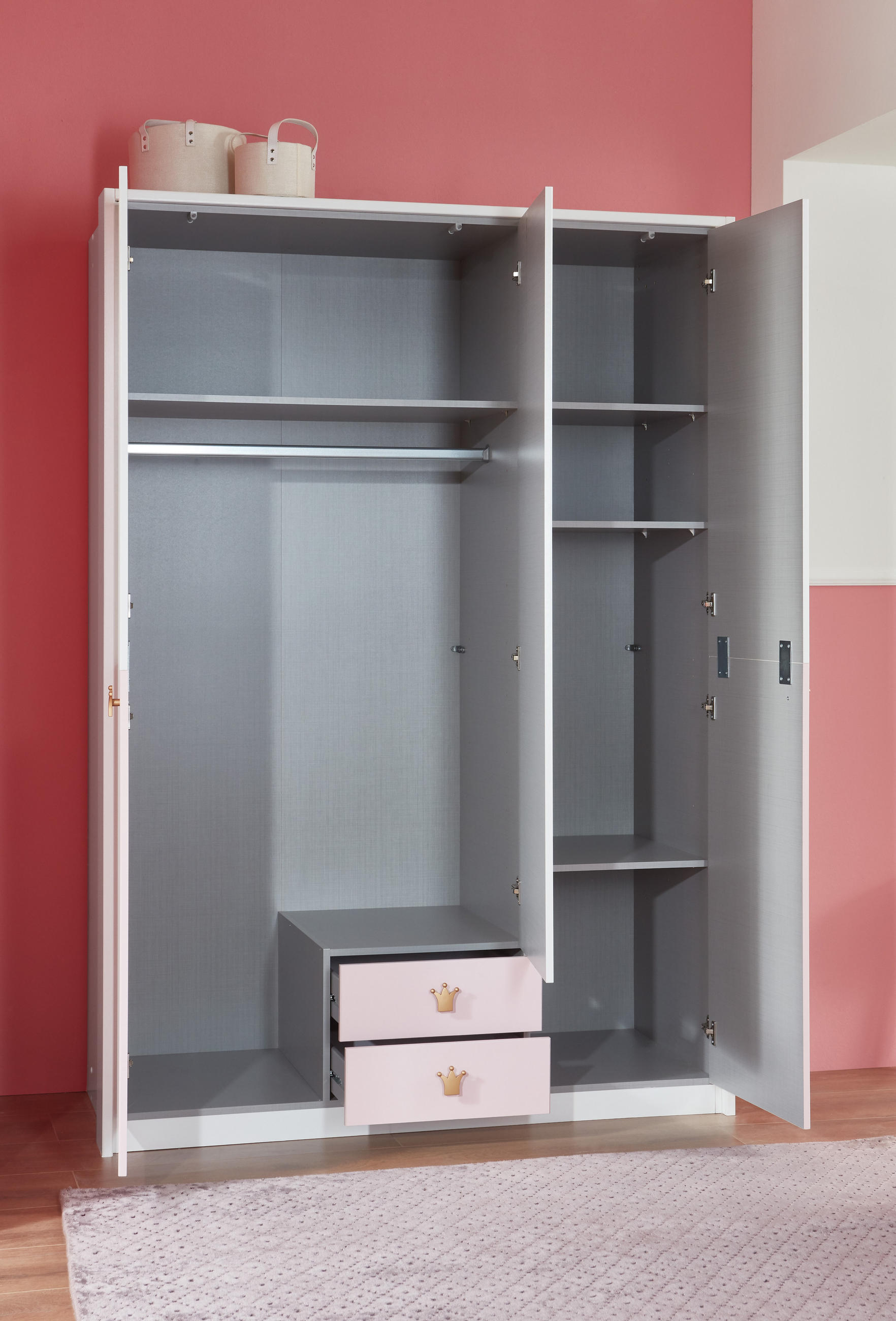 JUGENDZIMMER Cindy in Weiß und Rosé 5 teilig mit Krönchenapplikation - Weiß, Holzwerkstoff (120/200/80cm)