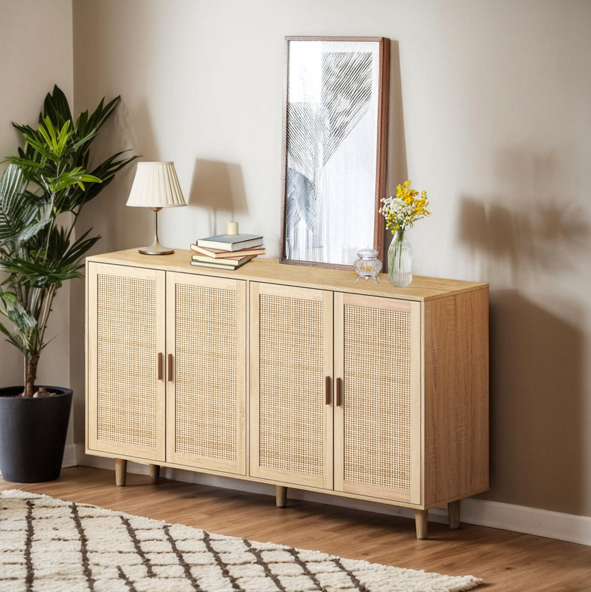 SIDEBOARD 158/40/88 cm mit 4 Türen in Natur mit Rattan-Optik - Naturfarben, Holzwerkstoff (158/88/40cm) - BEAOK