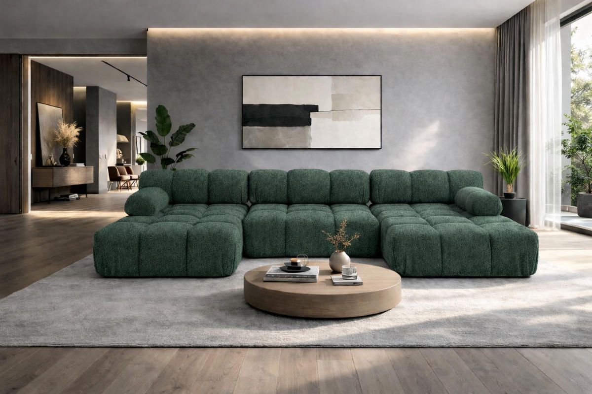 ECKSOFA U-Form, Stoff Bouclé Abriamo, Dunkelgrün, Selia U - Dunkelgrün, Holz (285/70/160cm) - Kaiser Möbel