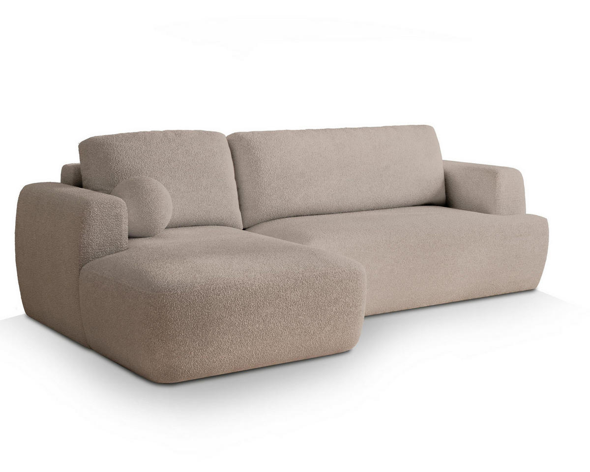 ECKSOFA SENTI N L-S Beige Boucle-Stoff mit Schlaffunktion - Beige, Holz (246/148cm) - MASSENO