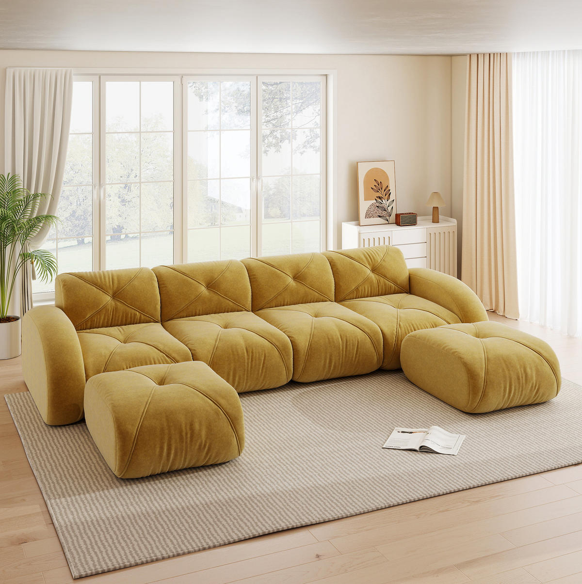 SOFA Modulsofa 4-Sitzer Chenille Yellow mit 2 Hockern - Gelb, Kunststoff (171/76/358.1cm) - Meubliv