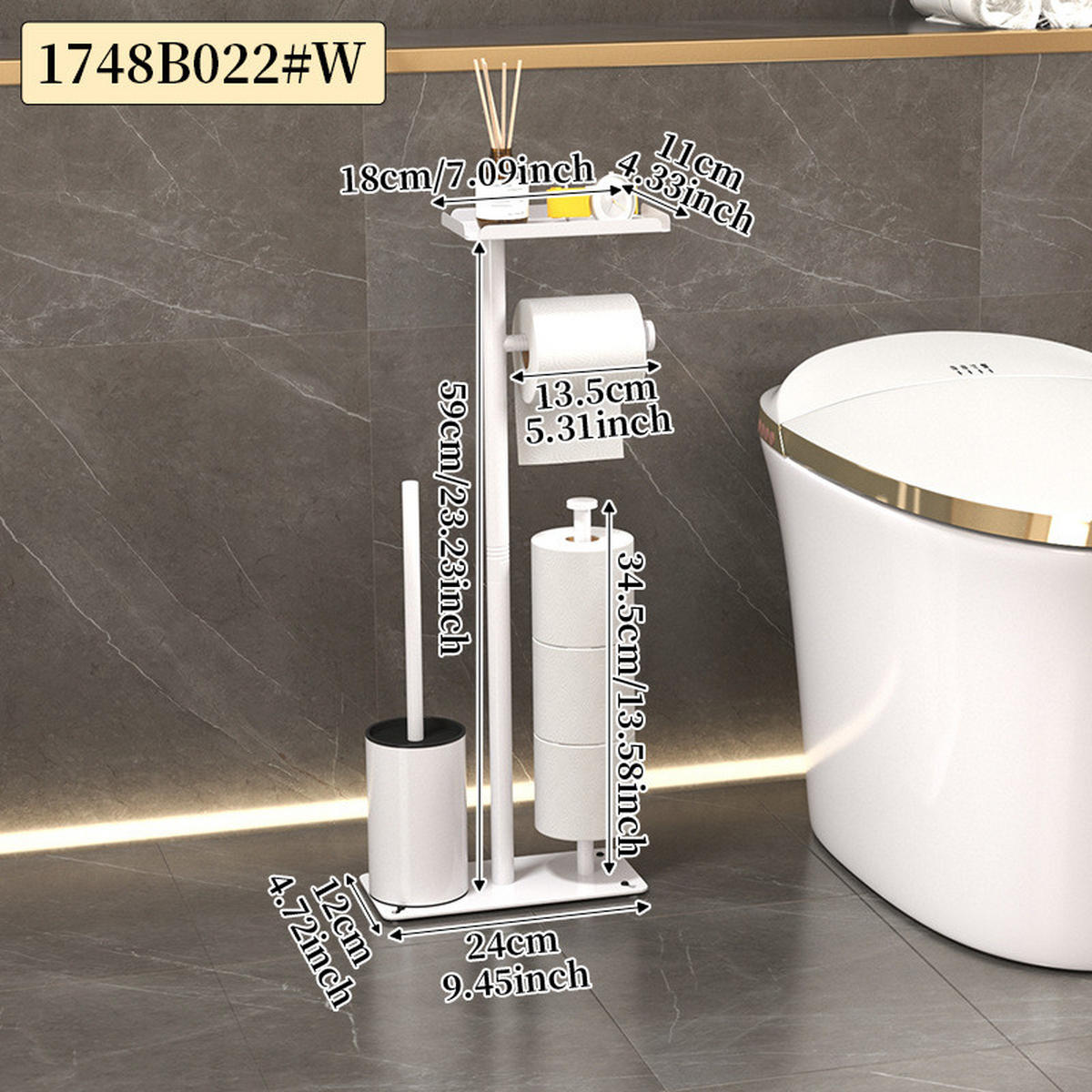 TOILETTENBÜRSTENHALTER – 2-in-1 (Weiß) 24 x 12 x 60 cm - Schwarz, Metall (12/60/24cm)