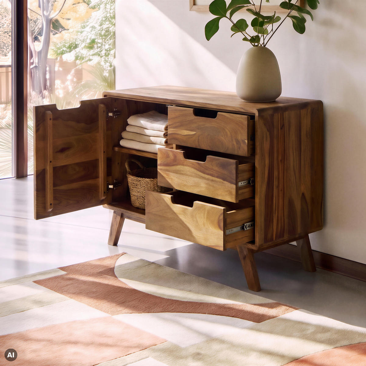 KOMMODE Sheesham 90x40x65 natur sandgestrahlt lackiert MALMÖ 2 #204 - Naturfarben, Holz (90/65/40cm) - Massivmoebel24