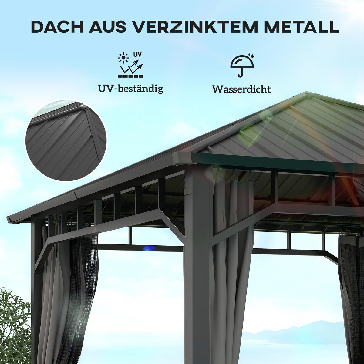 PAVILLON mit Seitenteile Wasserdicht Dunkelgrau 3 x 3 m - Dunkelgrau/Schwarz, Textil/Metall (300/290/300cm) - Outsunny