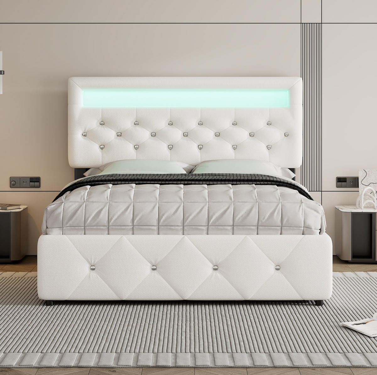 POLSTERBETT aus Leinen und MDF 140x200 cm Weiß mit Ausziehbett, 2 Schubladen und Lichtleiste - Weiß, Textil (140/200cm) - Modfu
