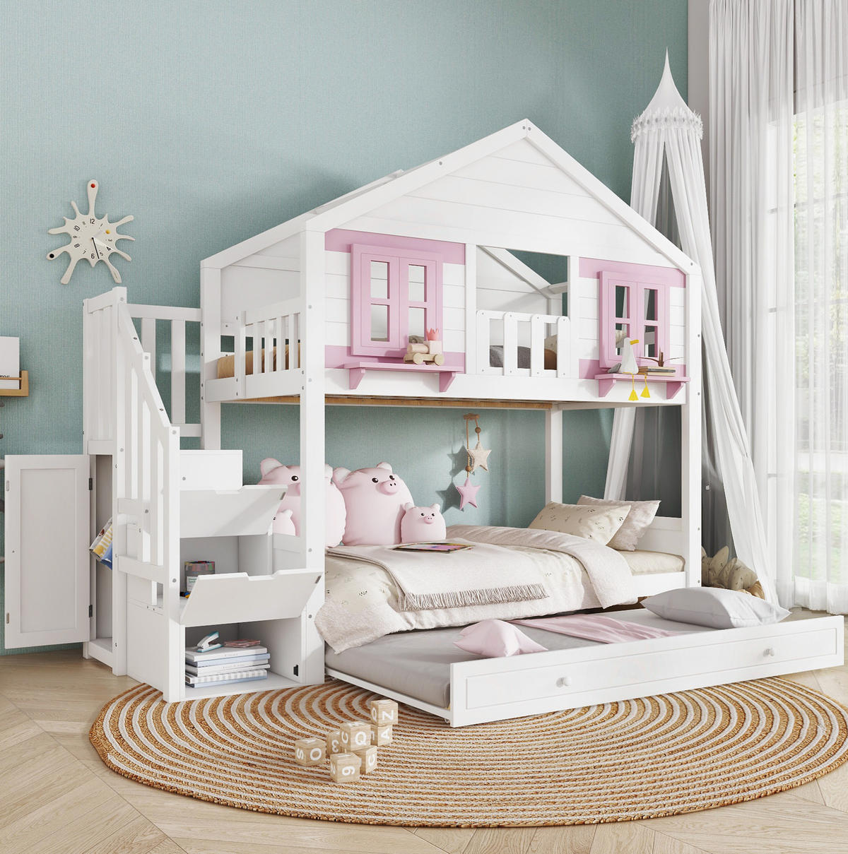 ETAGENBETT 90/200 cm weiß/rosa aus Kiefer und MDF mit Rollbett - Weiß, Holz (90/200cm) - OKWISH