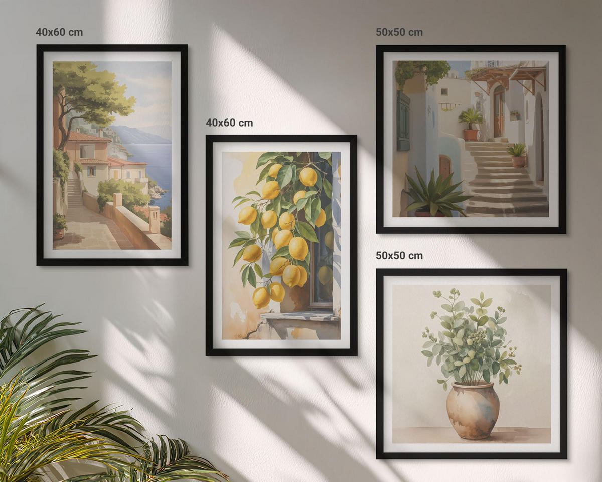BILDER SET 4er Set - 50x50 cm & 40x60 cm Schwarzer Rahmen - Blumen in einer Vase, ein Meer aus Zitronen - Schwarz, Kunststoff (50/50cm) - TULUP