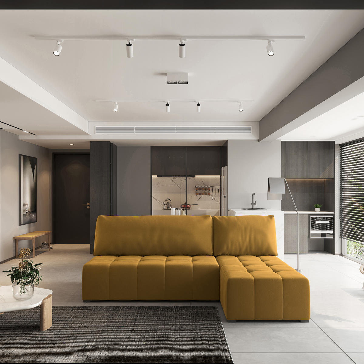 ECKSOFA DOMIRA Gelb Plüsch-Stoff mit Schlaffunktion - Gelb, Holz (200/141cm) - MASSENO