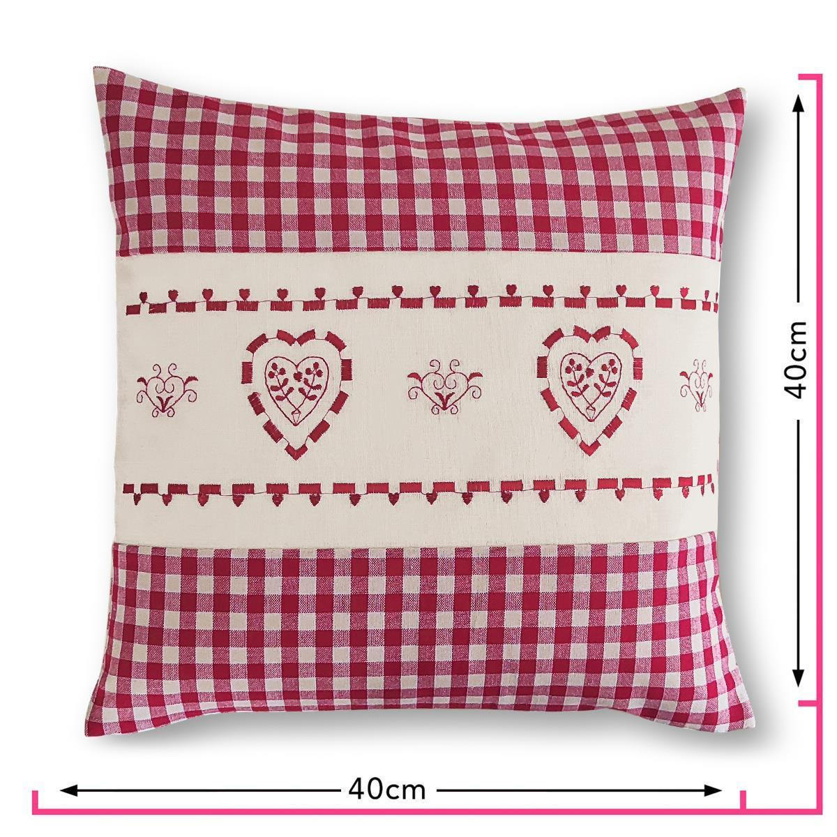 KISSENHÜLLE Herz rot 40/40 cm Landhaus-Stil Stickerei mit Reißverschluss - Beige/Rot, Textil (40/40cm) - wometo
