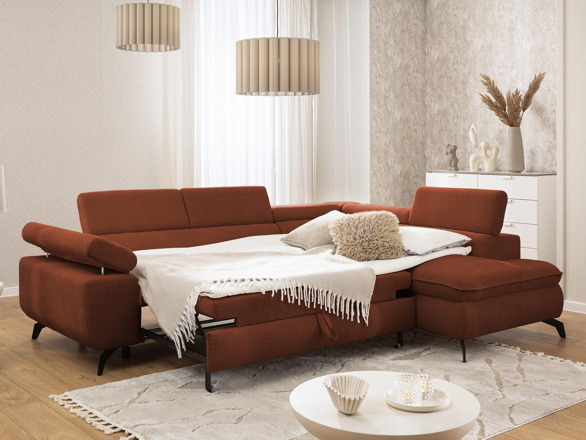 ECKSOFA mit Schlaffunktion und Bettkasten Bonnie aus Terrakotta Chenille-Stoff mit verstellbaren Kopfstützen und Armlehne - Ottomane rechts - Terracotta/Schwarz, Holz/Textil (275/210cm) - S-Style Möbel