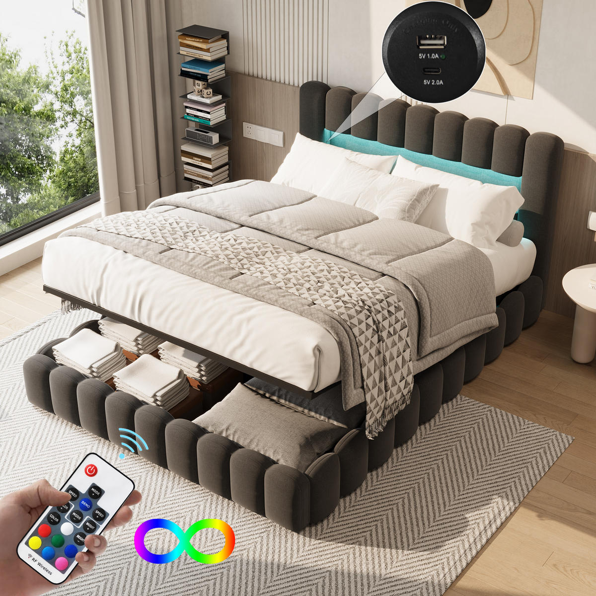 POLSTERBETT 180x200 cm Doppelbett, mit USB-Anschluss und LED-Beleuchtung, Leinenstoff in Grau - Grau, Holz (180/200cm) - BRILVERDE