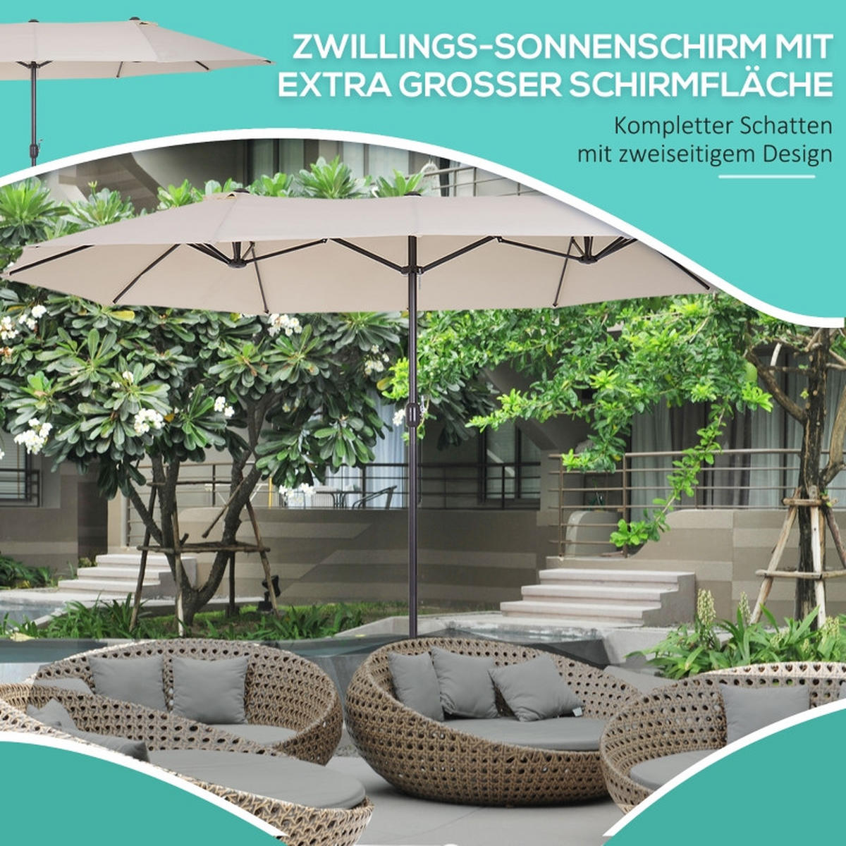 SONNENSCHIRM aus Polyester & Metall 455x265x238 cm Beige mit Handkurbel - Beige, Metall (265/455cm) - Modfu