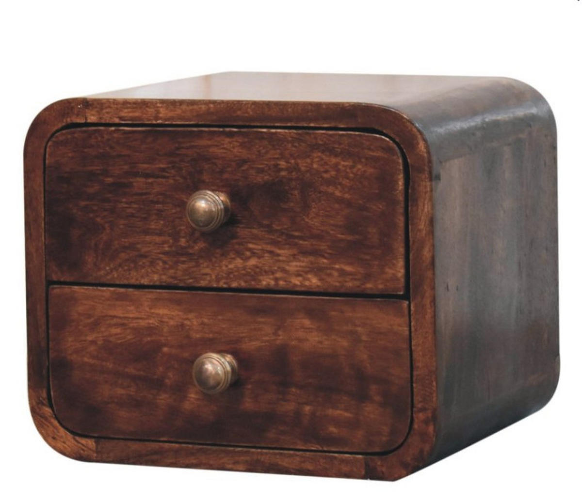 MINI zakrivený nástenný nočný stolík California Walnut, 2 zásuvky, tmavohnedý - farba orecha/mosadzná, kov/drevo (30/25/25cm) - Artisan Furniture
