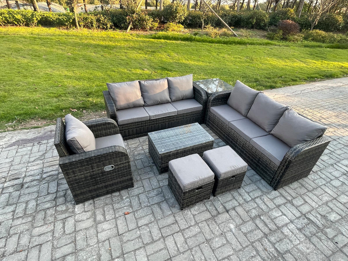 GARTENMÖBEL-SET mit Kissen Polyrattan Dunkelgrau 9-Sitzer - Dunkelgrau/Grau, Glas/Kunststoff - Fimous