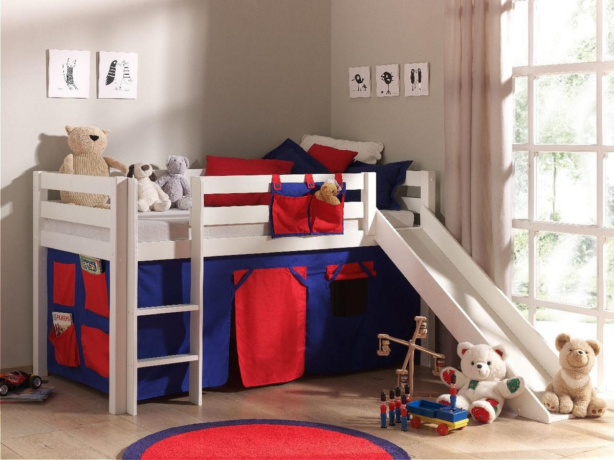 HOCHBETT mit Rutsche Karolina Massivholz Weiß Textilset Domino - Weiß/Dunkelblau, Holz (90/200cm) - 58aufmkessel