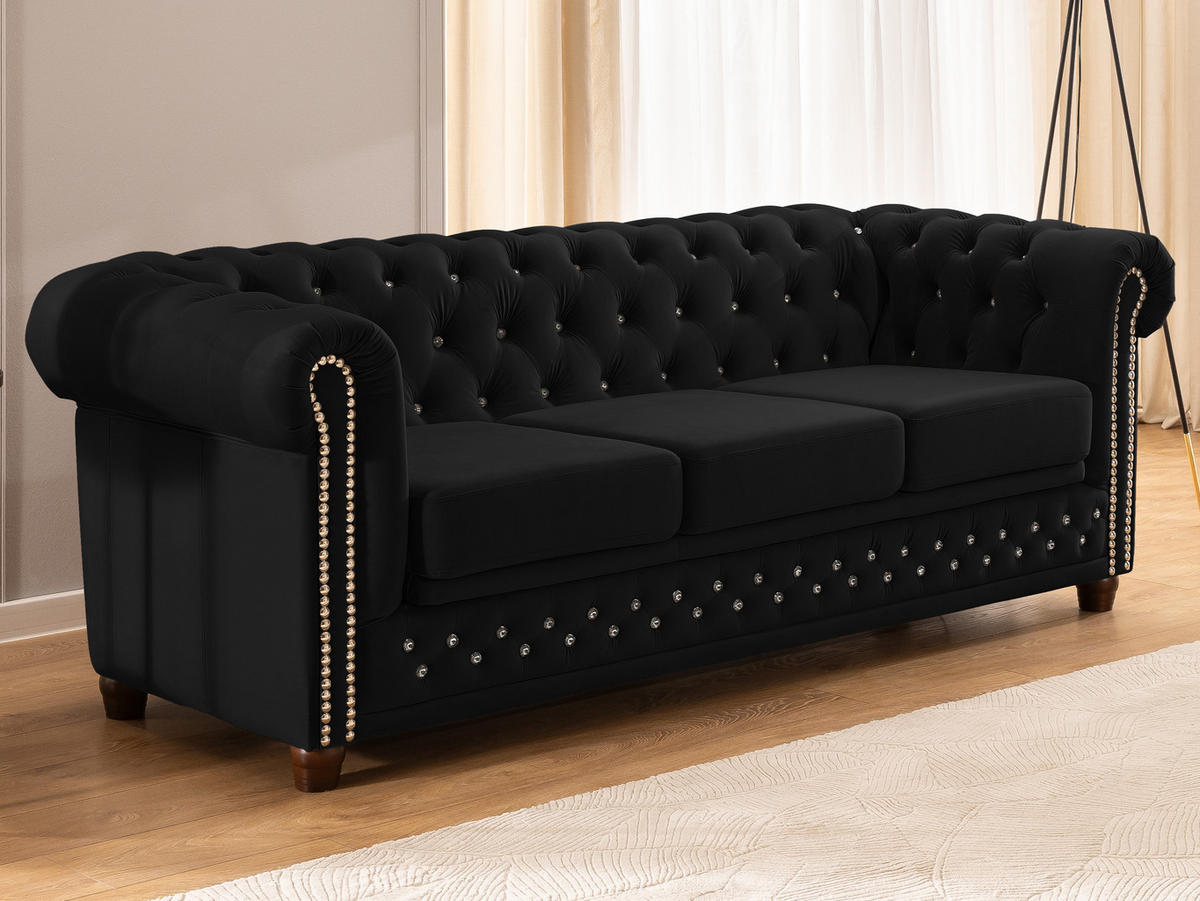 CHESTERFIELD-SOFA 3-Sitzer mit Schlaffunktion Cleo Blink Schwarz Samt mit Kristallsteppung und braunen Massivholzfüßen - Schwarz/Braun, Holz/Textil (203/72/86cm) - S-Style Möbel