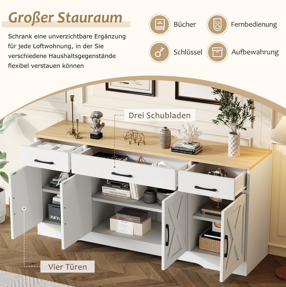 SIDEBOARD 160/37/75 cm mit 3 Schubladen, 4 Türen und MDF-Korpus in Industrial-Optik, Weiß - Weiß, Holzwerkstoff (160/75/37cm) - Redom