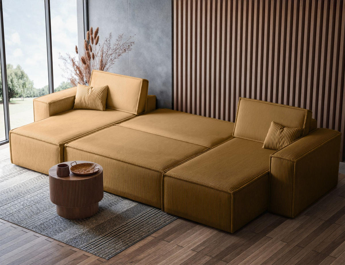 WOHNLANDSCHAFT Scarlo Senfgelb Cordbezug - Gelb/Schwarz, Kunststoff/Textil (312/83/145cm) - Selsey