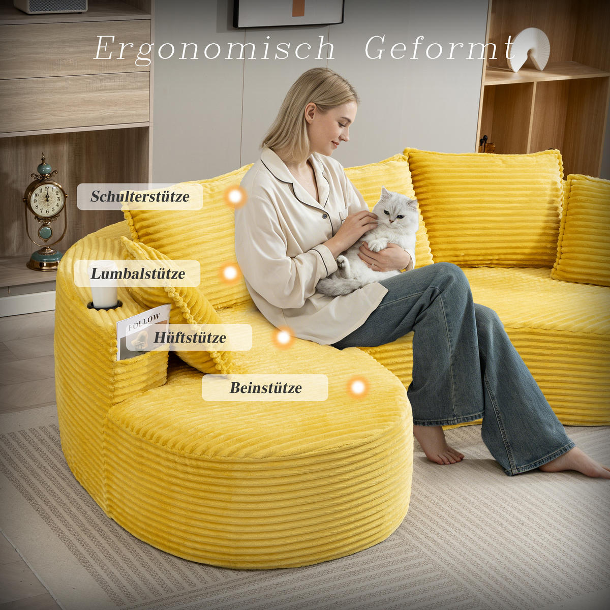 ECKSOFA Cord Senfgelb mit Getränkehaltern, Seitentaschen und Kissen - Gelb, Textil (250/152cm) - WISHDOR